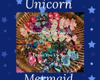 unicorn and mermaid mixed prints hair bow lot of 12, 18, 24, 30, 50, 100 hair bow clips