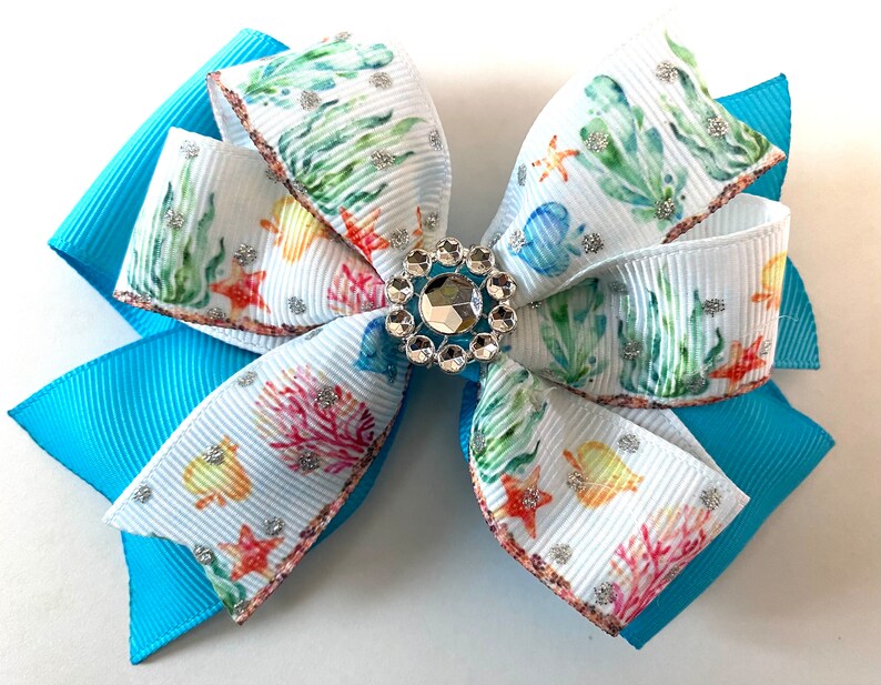 4 glitter starfish ocean kelp blue fish turquoise stacked hair bow clip, 4 inch beach girls ribbon hair bow, baby toddler teen beach bow image 1