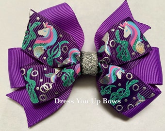 3.5" unicorn hair bow clip, purple hair bow clip, baby girls toddler teen mermaid unicorn purple ribbon hair bow clip