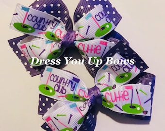 set of 2 golf hair bow clips, 4" lavender polka dot golf club hair bow, girl golf bow pigtail set, country club cute girls hair bow clips