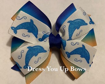 3.5" dolphin ribbon girls hair bow clip, toddler teen adult beach summer hair bow clip, blue dolphin porpoise ocean water sand hair bow clip