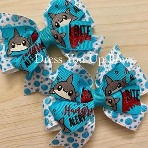 Set of 2 hair bows 3.5&quot; shark pigtail bows, shark birthday party favor hair bow clip gift, toddler I bite shark hair bow clip