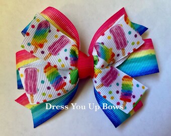 3.5" rainbow stacked boutique hair bow clip, ice cream birthday party favor hair bow clip, toddler teen womens ladies hair bow clip