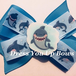 4&quot; shark blue girls pinwheel hair bow clip, shark embellishment center girls hair bow, toddler teen womens ladies beach ocean shark hair bow