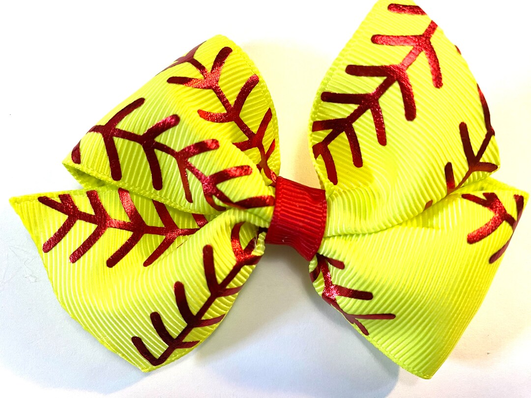 3.5 Red Stitch Softball Girls Baseball Hair Bow Clip, Red Foil Stitch
