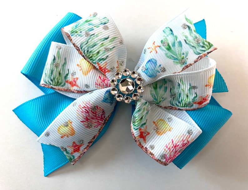 4 glitter starfish ocean kelp blue fish turquoise stacked hair bow clip, 4 inch beach girls ribbon hair bow, baby toddler teen beach bow image 3