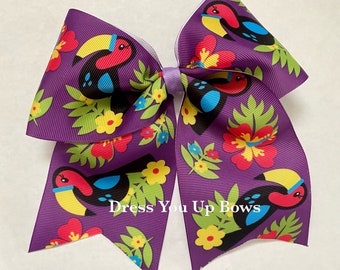 6" purple toucan tropical bird printed grosgrain ribbon xl extra large cheerleader cheer competition hair bow clip, teen adult hair bow