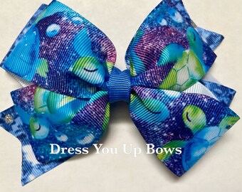 5" turtle hair bow clip, blue galaxy print turtle ribbon hair bow clip, turtle stacked boutique pinwheel hair bow clip, ladies womens bow