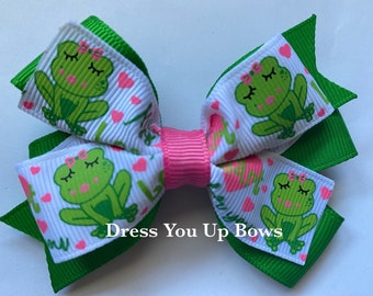 3" small frog green hair bow clip, mini small frog baby girls hair bow clip, infant toddler teen adult womens ladies hair bow clip