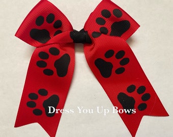 4" black paw print on red ribbon girls hair bow clip, school sport team dog paw hair bow clip, toddler teen school college team hair bow
