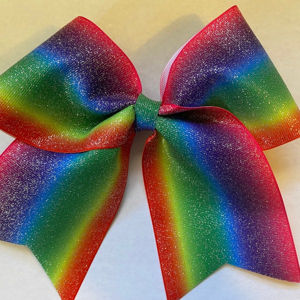 5" x 6" glitter rainbow cheer ribbon hair bow clip pony tails down birthday party favor toddler teen classic large xl dance cheerleader bow