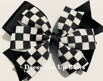 4" checkered flag print hair bow clip, white and black checkered flag hair bow, race car hair bow clip party favor gift