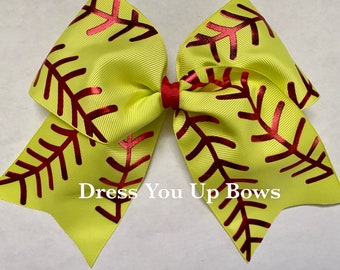 6" red foil stitch softball yellow cheer hair bow clip, yellow girls baseball hair bow, cheer hair bow clip, softball baseball wreath bow