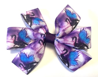 3.5” dragon hair bow clip, black purple and blue dragon print ribbon pinwheel hair bow clip, baby toddler teen adult dragon hair bow clip