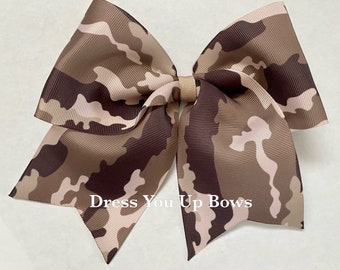 5" x 6" brown and tan camouflage camo military cheer cheerleader designer ribbon hair bow clip, xl camo bow for teen girl