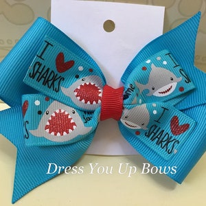 4&quot; shark hair bow clip, turquoise blue girls stacked boutique shark beach ocean creatures toddler birthday party favor hair bow clip