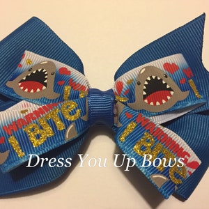 4&quot; shark blue hair bow clip, warning I bite shark ribbon hair bow clip, toddler teen adult beach ocean shark hair bow clip