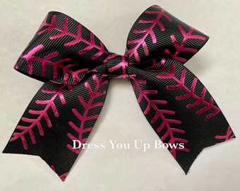 4"W x 4"L  black and dark hot pink foil softball stitch hair bow clip, hot pink baseball hair bow clip, classic tails down small cheer bow