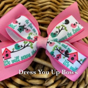 4" we will serve the Lord birds and birdhouse printed ribbon stacked boutique girls hair bow clip, baby toddler teen adult church hair bow
