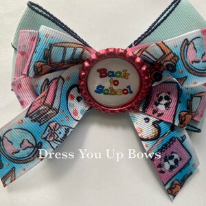 4.5&quot; school bus blue and pink floral ribbon triple stacked boutique girls hair bow clip, school bottle cap girls hair bow clip