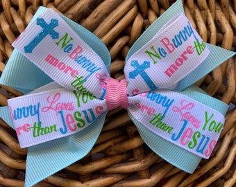 4" religious cross hair bow clip, 4 inch no bunny loves you more than Jesus printed inspirational ribbon hair bow clip, church hair bow