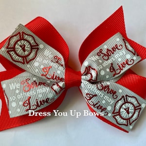 4&quot; fireman hair bow clip, firefighter hair bow clip, baby toddler teen adult ladies fireman ribbon hair bow clip, daddy firefighter bow