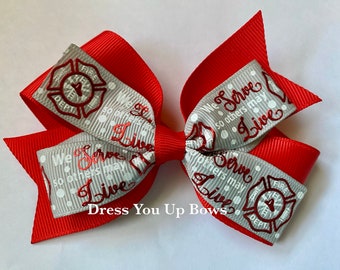 4" fireman hair bow clip, firefighter hair bow clip, baby toddler teen adult womens ladies fireman ribbon hair bow clip