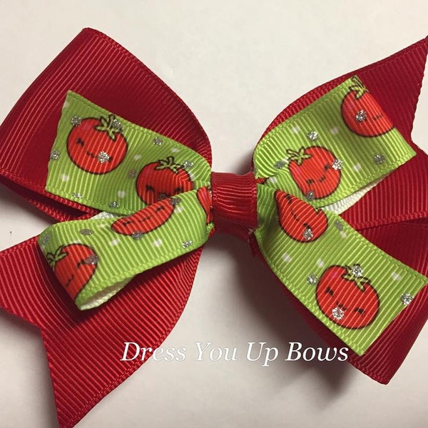 4" silver glitter dots tomato printed ribbon girls stacked boutique hair bow clip, baby infant toddler fruit vegetable tomato hair bow clip