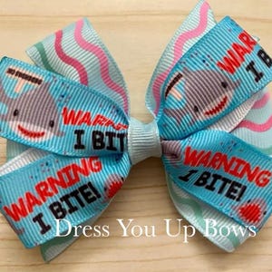 3.5&quot; shark blue hair bow, toddler hair bow clip, beach ocean sea creature shark bow, I bite shark ribbon bow
