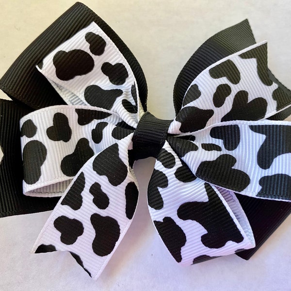 4" black and white cow hair bow clip, farm country hair bow, dalmatian dog stacked boutique hair bow clip, baby toddler teen adult cow bow