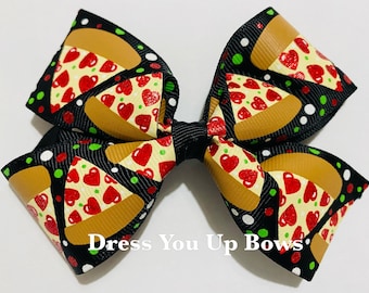 4" pizza hair bow clip, pepperoni pizza hair bow clip, girls pizza birthday party favor, baby toddler teen adult womens ladies hair bow clip