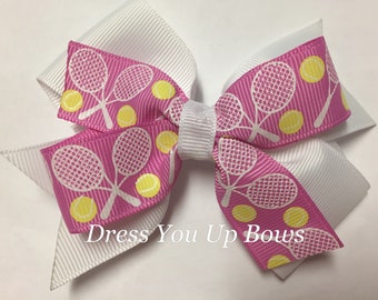 4" tennis hair bow clip, girls tennis hair bow, pink and white women's tennis team hair bow clip, baby toddler teen tennis hair bow clip