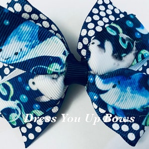 3.5&quot; shark and stingray blue polka dot stacked pinwheel hair bow clip, infant toddler teen adult beach party shark hair bow clip