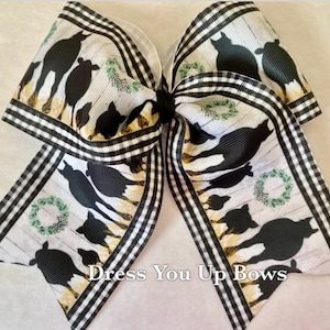6&quot; farm animals cheer size hair bow clip, farm wreath bow, horse cow pig sheep lamb printed ribbon cheerleader tails down hair bow clip
