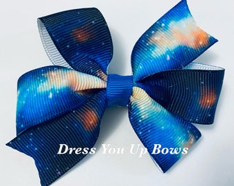 3.5" blue stars hair bow clip, space hair bow clip, galaxy print ribbon hair bow clip