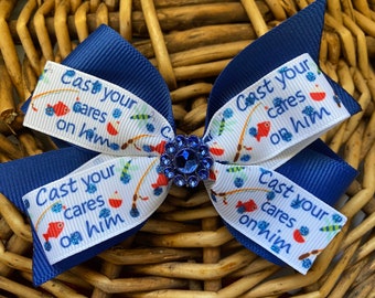 4" fishing print hair bow clip, blue religious hair bow, daddys fishing girl, Cast your cares on him Jesus fish USDR ribbon hair bow clip