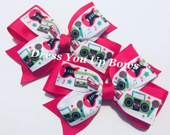 set of 2 hair bows 4" music hair bow clip, 4" guitar and radio hair bow clip