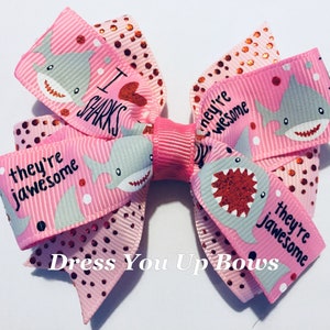 3.5&quot; gray shark pink girls stacked boutique hair bow clip, red foil polka dot shark toddler teen womens ladies shark gift hair bow clip