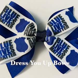 4&quot; blue police matters girls hair bow clip, baby toddler teen adult police ribbon hair bow clip, police wife hair bow clip