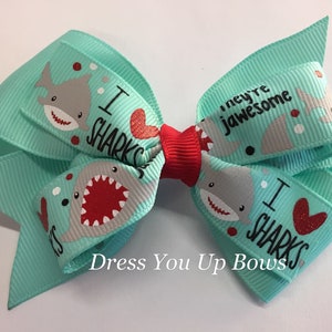 4&quot; shark hair bow clip, shark birthday party hair bow clip, toddler girl stacked boutique shark hair bow clip, aqua blue shark hair bow clip