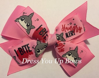 4" shark hair bow clip, pink I bite shark birthday party favor girls boutique hair bow clip