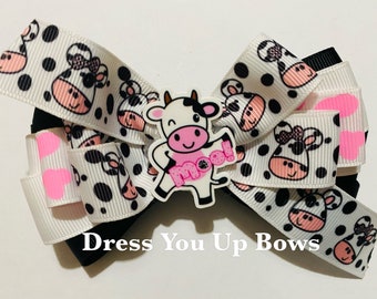 4.5" cow print ribbon stacked hair bow clip, 4 layers of ribbon hair bow clip