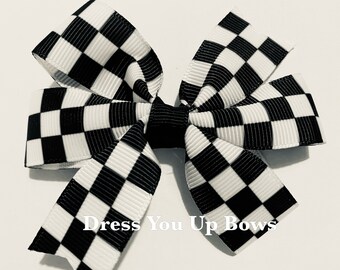 3.5" checkered flag hair bow clip, 3.5" racing car hair bow clip