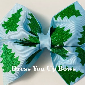 4&quot; green glitter Christmas trees on blue ribbon hair bow clip, 4&quot; green pine trees hair bow clip, girls Christmas hair bow clip