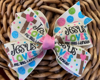 3.5" religious hair bow clip, Jesus cross polka dot pinwheel stacked boutique hair bow, infant toddler teen adult church hair bow clip