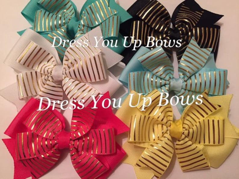 Easter hair bow set of 6 hair bow clips wholesale bow lot gold and hot pink hair bow gold striped yellow hair bow gold and blue hair bow