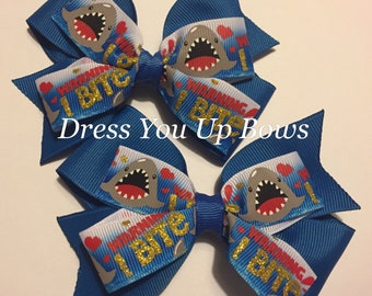 pigtail set of 4" shark blue hair bow clip, warning I bite shark ribbon hair bow clip, toddler teen adult beach ocean shark hair bow clip