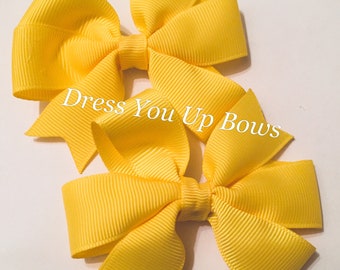 set of 2 hair bows,  3.5" yellow solid hair bow clip, toddler girls baby Easter spring hair bow clips