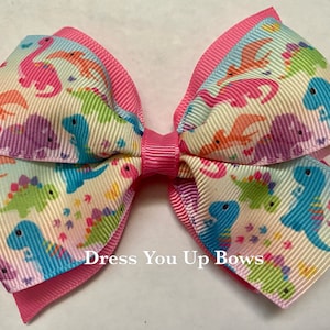 4&quot; hot pink dinosaur printed ribbon stacked boutique girls hair bow clip, purple and blue dinosaur t rex hair bow clip, toddler dinosaur bow