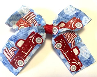 4.5” 4th of July red glitter old truck ribbon hair bow clip, faux denim jean white roses printed ribbon baby toddler teen hair bow clip